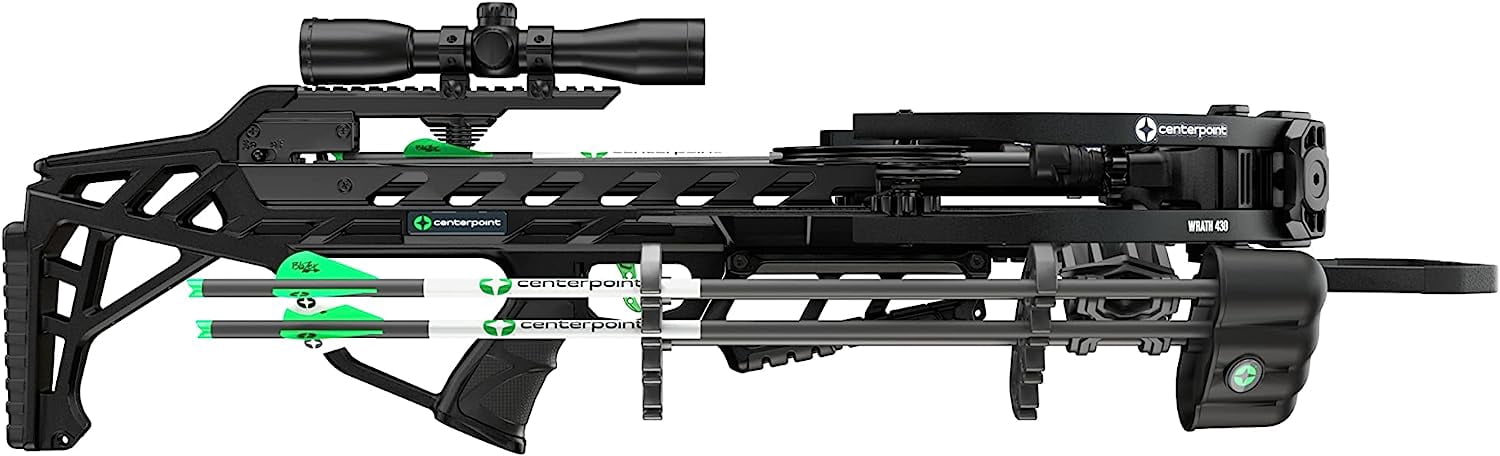 CenterPoint Wrath 430 SC Crossbow Package with Silent Crank, 430 FPS, 4x32 Illuminated Scope, 3 Bolts, Quiver, Rope Cocker (C0006)