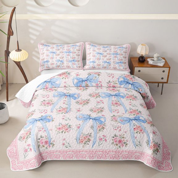 Erosebridal Blue Ribbon Bow Twin Quilt Set for Girls Women,Romantic Floral Roses Twin Coverlet Set for Teens Adults