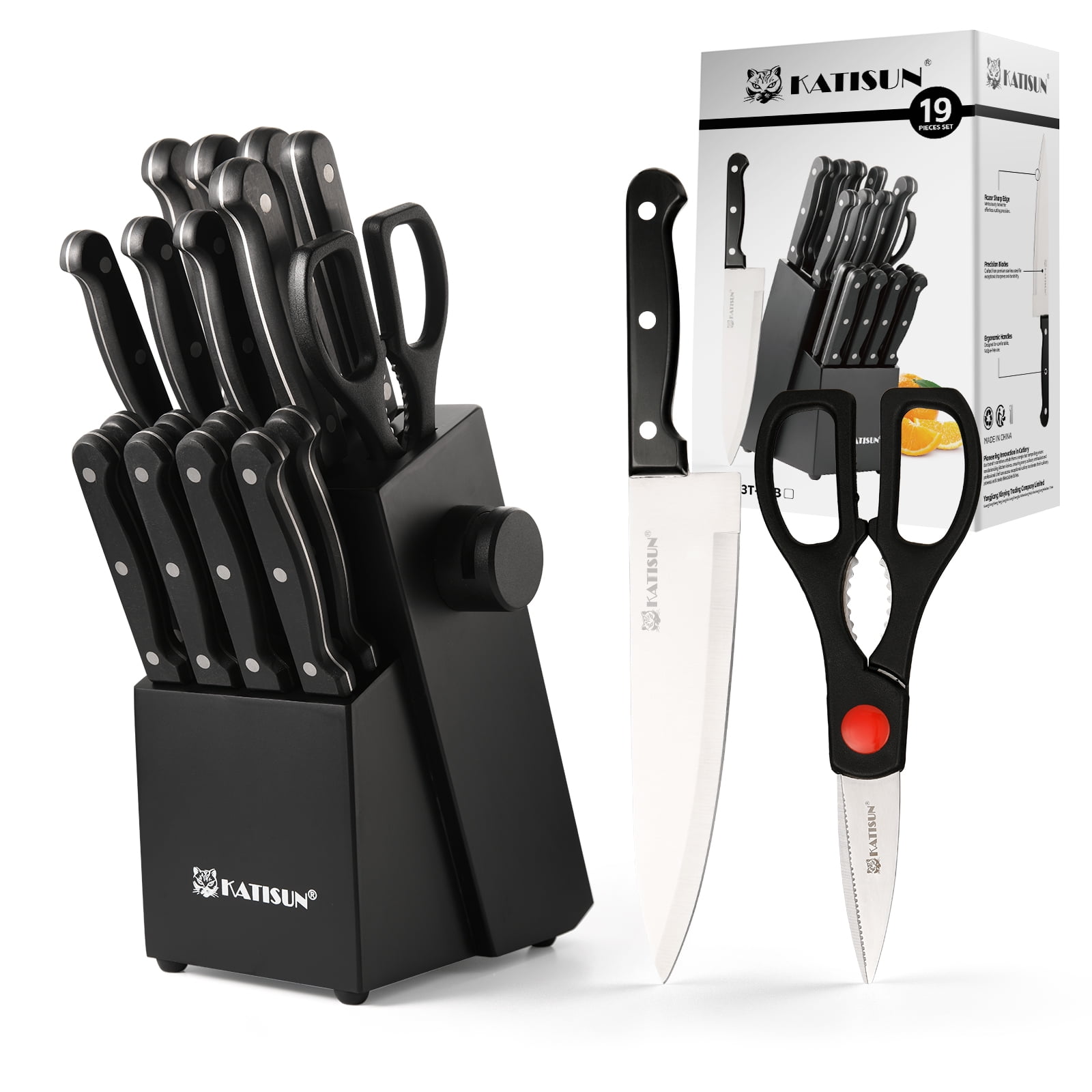 19-piece knife set, made of German steel, durable, dishwasher safe, kitchen knife set with built-in sharpener, for chopping, slicing, dicing and cutting.