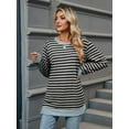 thumbnail image 5 of Womens Casual Striped Long Sleeve Shirt Trendy Crew Neck Slim Loose Fit Basic Blouses Tops Light Gray Black XL, 5 of 8