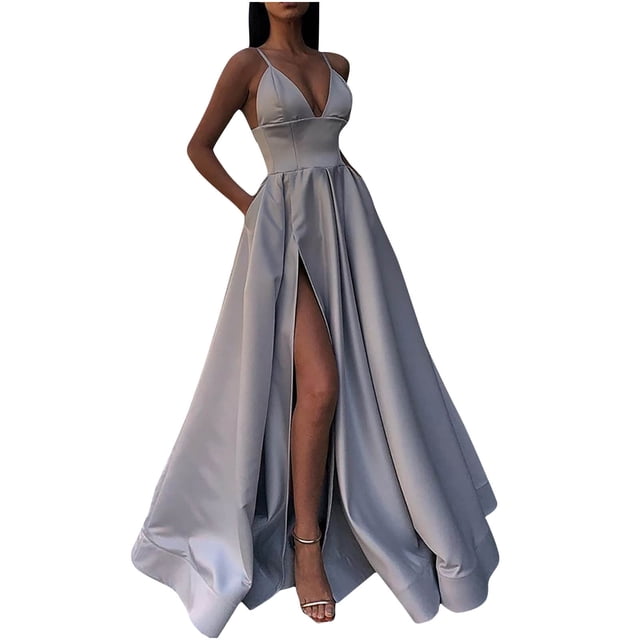 QIPOPIQ Women's V Neck Spaghetti Strap Backless Split Cocktail Party Maxi Long Dress Summer Clearance