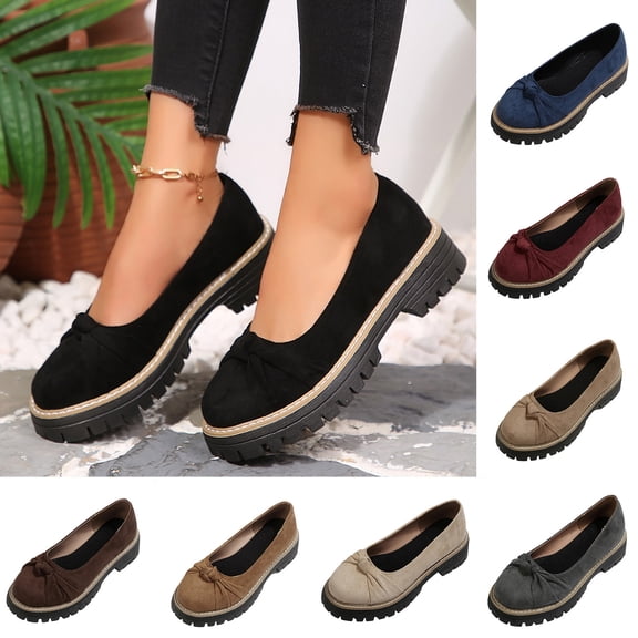 Miqool Womens Chunky Loafers Mid Heel Thick Sole Round Toe Vintage Flock Slip On Casual Dress Shoes