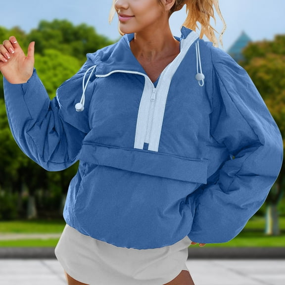 AUNVITO Women's Loose Fit Hooded Half-Zip Windbreaker Jacket with Drawstring Casual Lightweight Outerwear