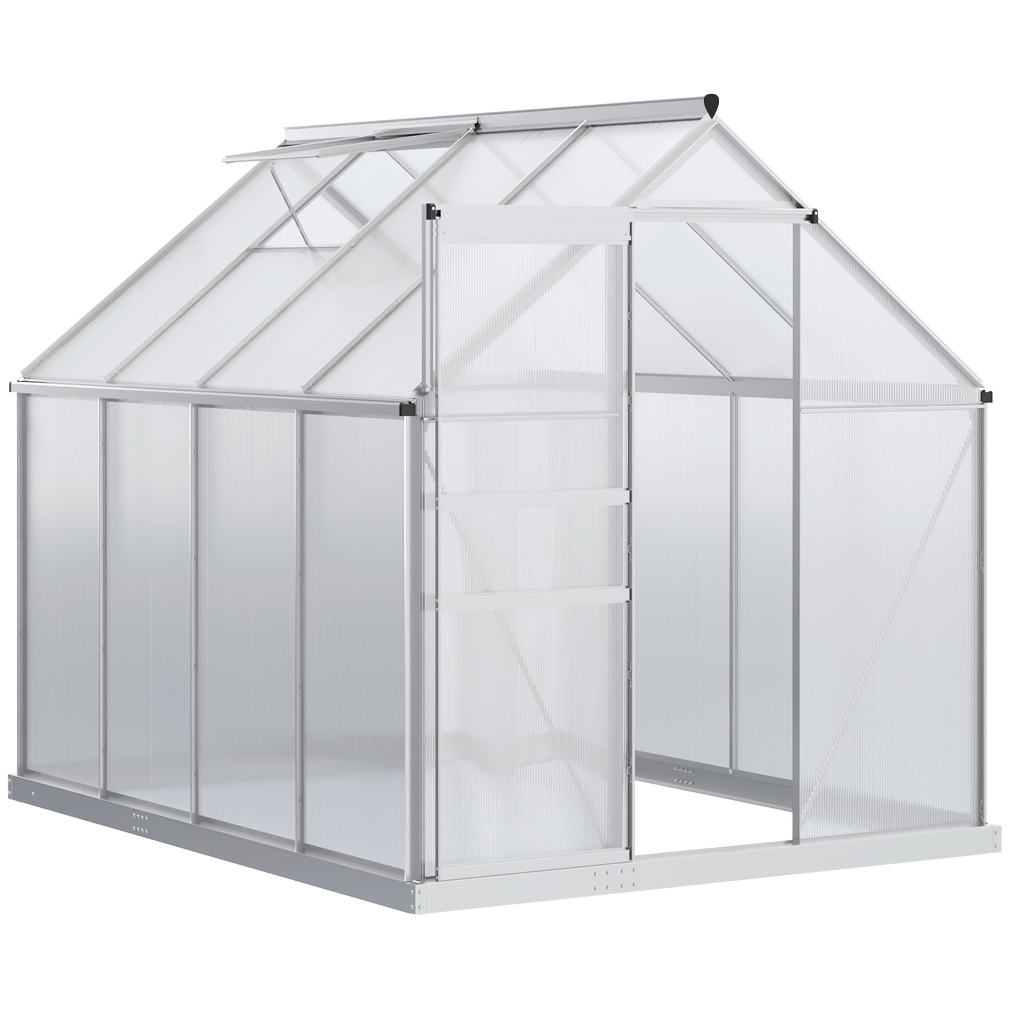 Rain Gutter Outdoor Greenhouse Sliding Door 6’ x 6’ x7’ Garden Greenhouse w/Adjustable Roof Vent Walk-in Polycarbonate Greenhouse Kit with Aluminum Frame for Winter 