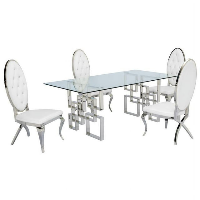 Ensemble de Salle à Manger Rectangulaire en Verre Transparent 5pc avec Base en Acier Inoxydable Argenté