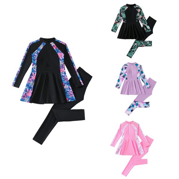 Loopsun Girls 2 Pcs Print Long Sleeve and Long Pants Beach Swimwear Split Swimsuit Black, 12-13Years