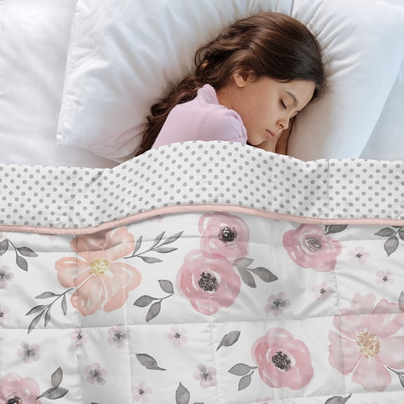 Sweet Jojo Designs Watercolor Floral Pink Grey and White Toddler Kids Weighted Blanket 5lbs