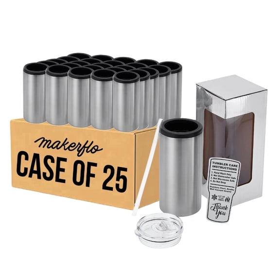 MakerFlo 12 oz Slim Duozie Can Cooler, Stainless Steel Insulated Skinny Can Koozie, Pack of 25, for Beverages, DIY Crafts & Personalization
