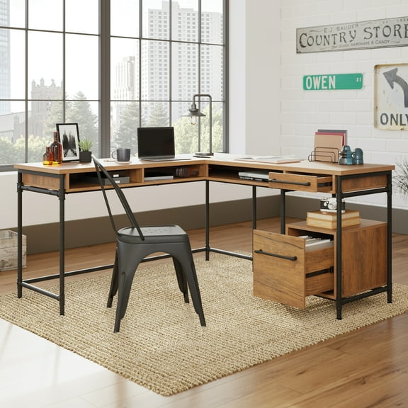 Sauder Iron City L-Shaped Home Office Desk, Checked Oak Finish