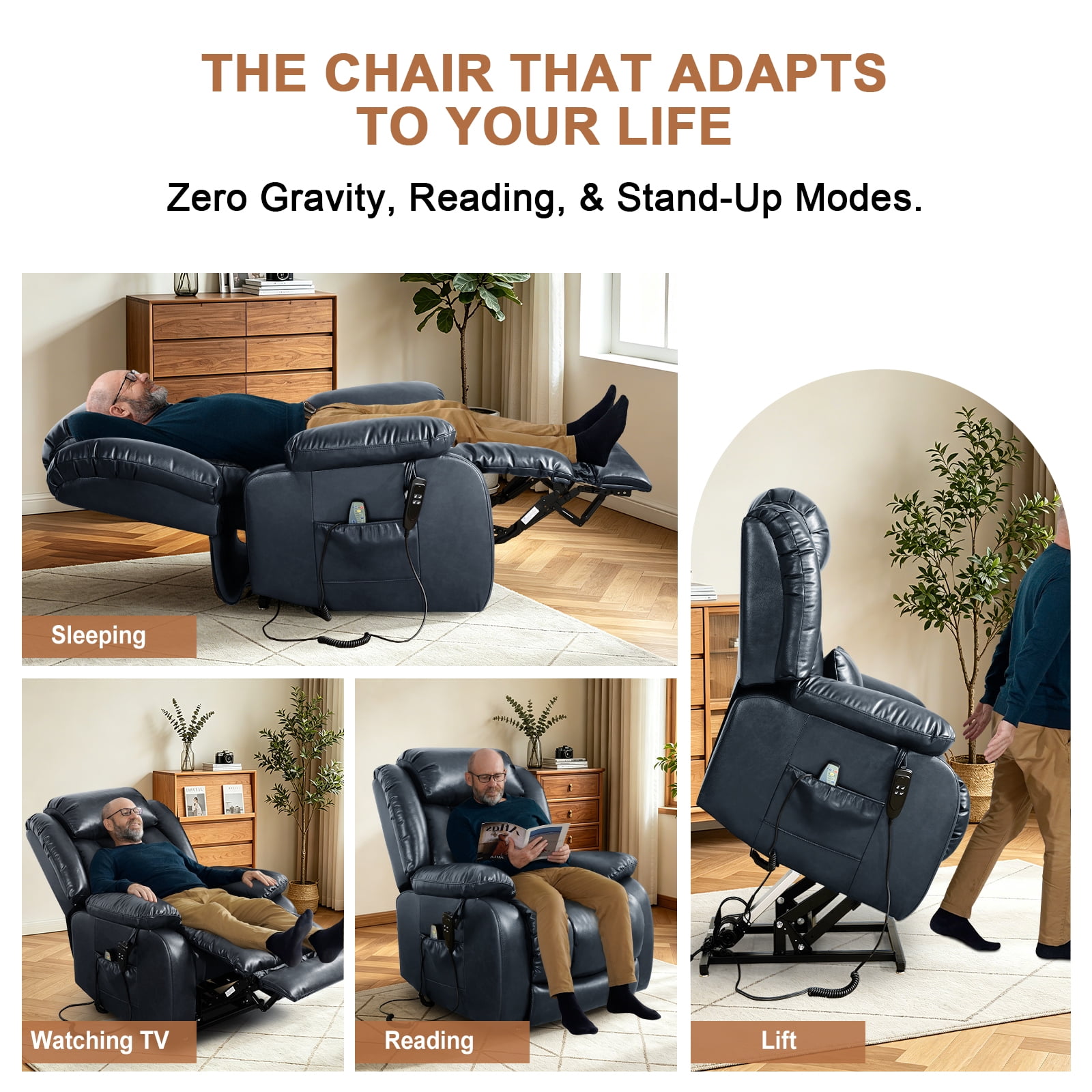 TEKAMON Infinite Position Lift Recliner Chair for Elderly with Heat Massage and Extended Footrest Lay Flat Sleeping Leather Dual Motor Power Lift Chair for Living Room (Blue)