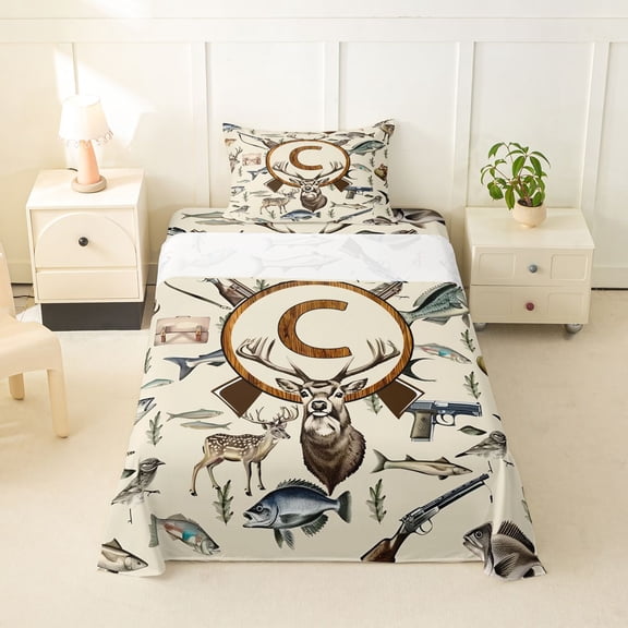 Castle Fairy Hunting Wood Letter C Twin Sheet Sets 3pcs for Boys,Wildlife Deer Bedding