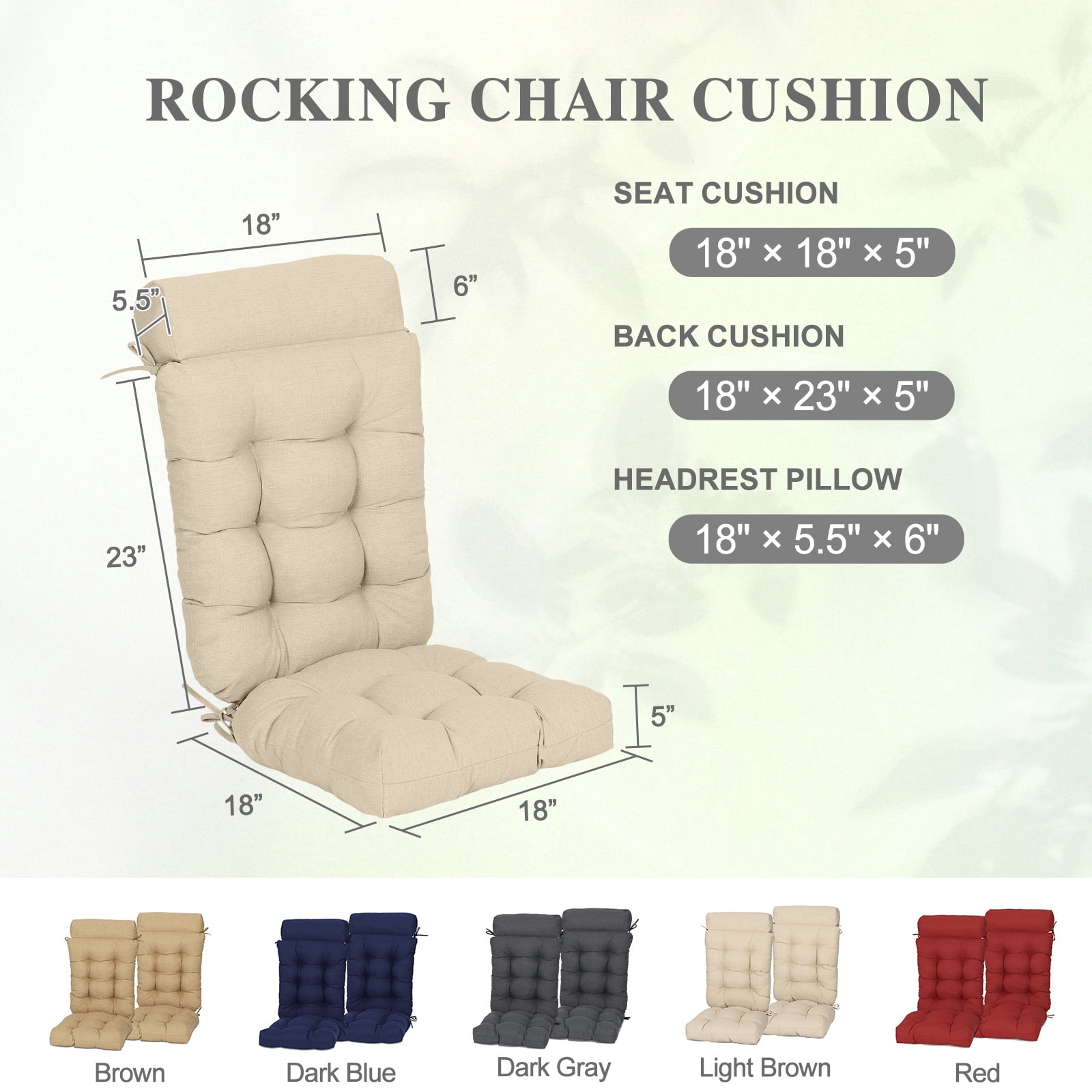 BPS Outdoor Patio Rocking Chair Cushion, Water- & Fade-Resistant High Back Cushions, Tufted Pads with Ties, Set of 2, Light Brown