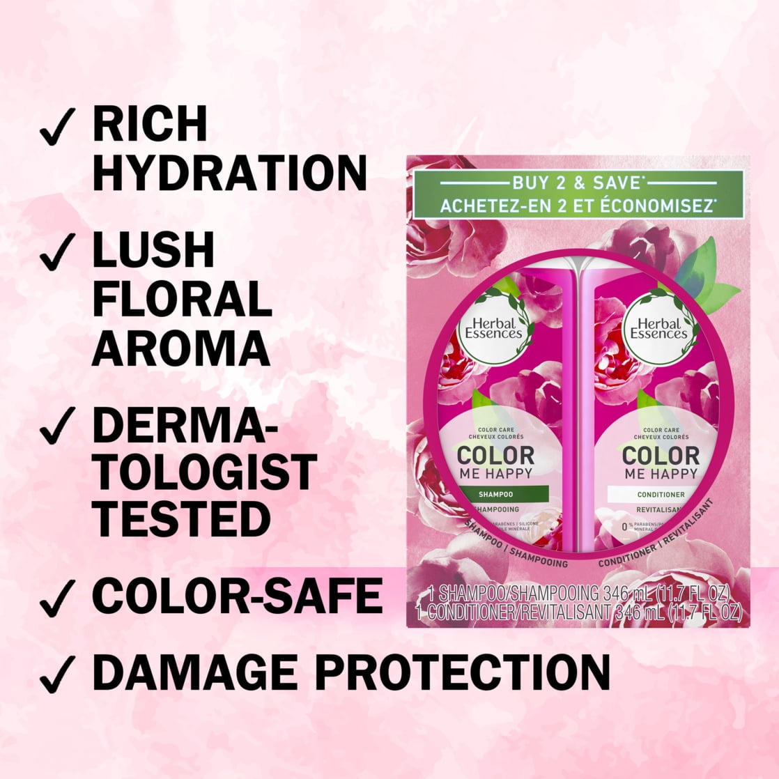 (4 pack) Herbal Essences Color Me Happy Shampoo and Conditioner Set for Color-Treated Hair, 11.7 oz