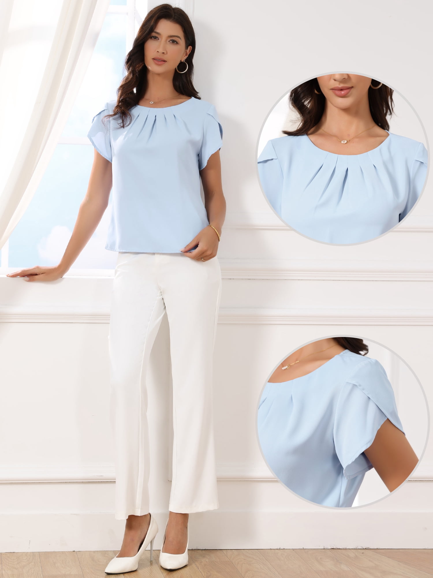 DARING DIVA Women's Short Sleeve Round Neck Pleated Front Work Blouses M Light Blue