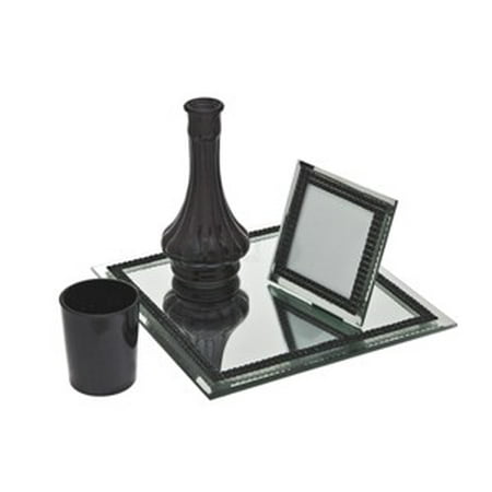 - 4-Piece Vanity Bathroom Counter Dresser Black Rhinestone Bling Set with Picture Photo Frame, Flower Bud Vase Holder, Candle Holder Votive, and 8