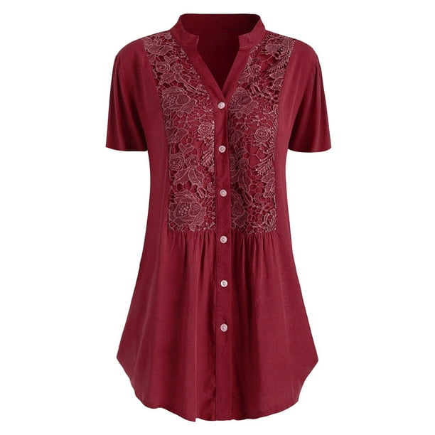 ICHUANYI Clearance Fashion Women Casual Plus Size Lace Short Sleeves V-Neck Shirt Blouse Tops(Wine, XL) ICHUANYI WER2023081008645