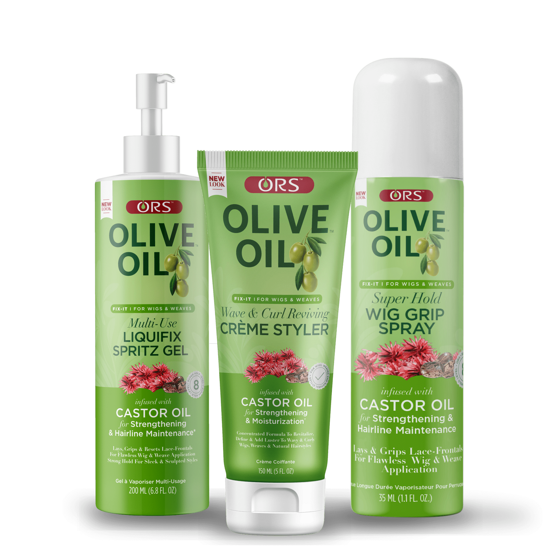 ORS OLIVE OIL FIXIT SUPER HOLD, CREME STYLER AND SPRITZ GEL BUNDLE