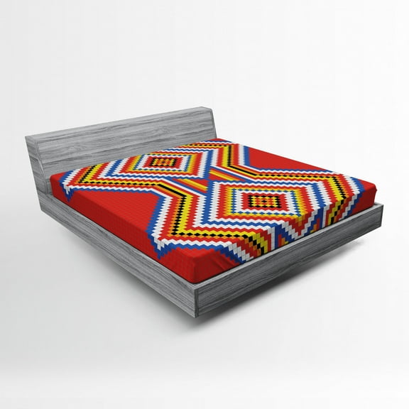 Ambesonne Tribal Fitted Sheet, Mosaic American, Queen Size, Multicolor