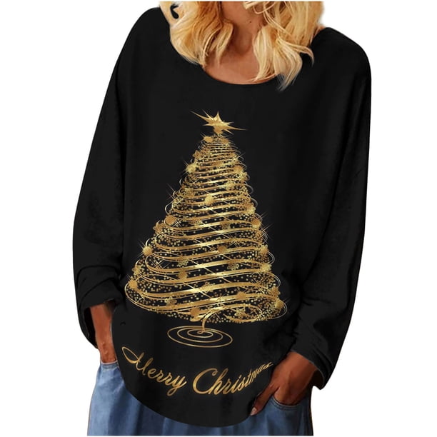 Camisas casuales de manga larga para mujer, suéter, túnica suelta, blusa con cuello redondo y estampado de árbol de Navidad Fridja fhghd1740