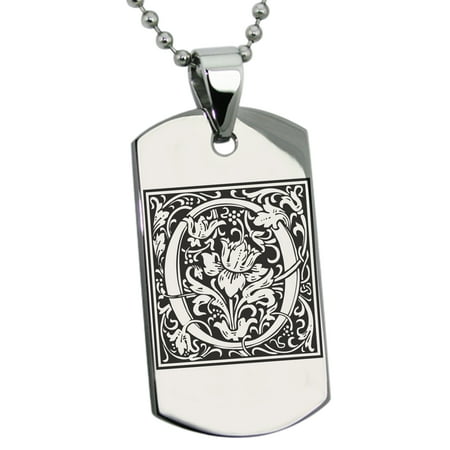 Stainless Steel Letter O Initial Floral Monogram Engraved Dog Tag Pendant