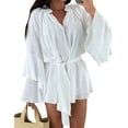 thumbnail image 3 of TaTaai Women's V-Neck Long Sleeve Flared Sleeve Irregular Hem Tie Waist Loose Dress Lightweight Breathable Casual Dress for Vacation Outings Gift, 3 of 6
