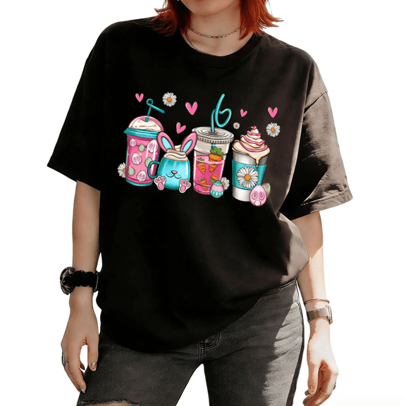 Casual Easter Bunny Coffee Cups Graphic Effortless Everyday Tees T Shirt Tops Short Sleeve Round Neck Black S-5XL