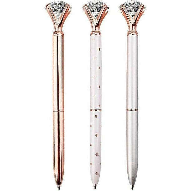 3PCS Diamond, Large Crystal Diamond, Bling Metal , Pen Office and School, Silver / White Rose Polka Dot / Rose Gold, Including 3Pen Refills.