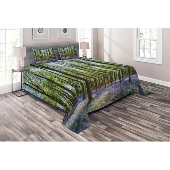 Woodland Coverlet Set, Bluebells in Wepham Woods Landscape Flowers Rural Countryside Woodland, Decorative Quilted Bedspread Set with Pillow Shams Included, Violet Green Brown, by Ambesonne