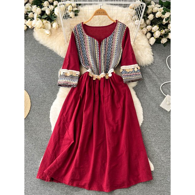 One SizeSpring Summer High-end Sense of Cold Wind Waist Thin Printed Long-sleeved Female Dress Beautiful V-neck Long Dress Women D1490 yaoshenbao LED