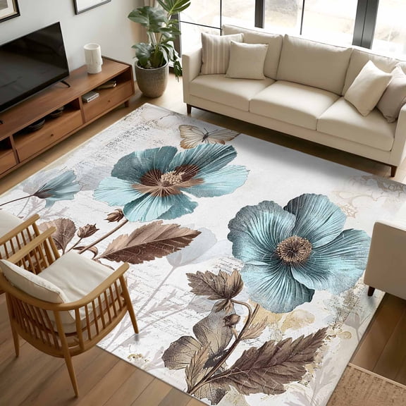 8x10 Area Rugs, Vintage Flowers Non-Skid Rubber Backing Large Rectangle Rugs - Living Room Bedroom Home Office, Teal Blue Floral Nature Butterfly Indoor Floor Mat Carpets Washable Rug