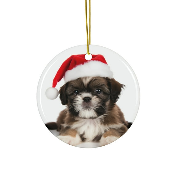 DistinctInk Hanging Ceramic Christmas Tree Ornament with Gold String - Great Gift/Present - 2 3/4 inch Diameter - Shih Tzu Puppy Design