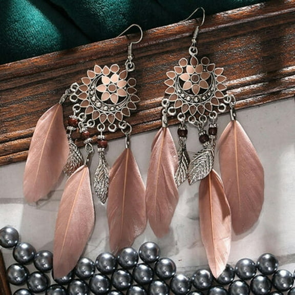 QQTDFG Boho 925 Silver Drop Earrings Hook Turquoise Feather Women Wedding Jewelry Gifts-Pink