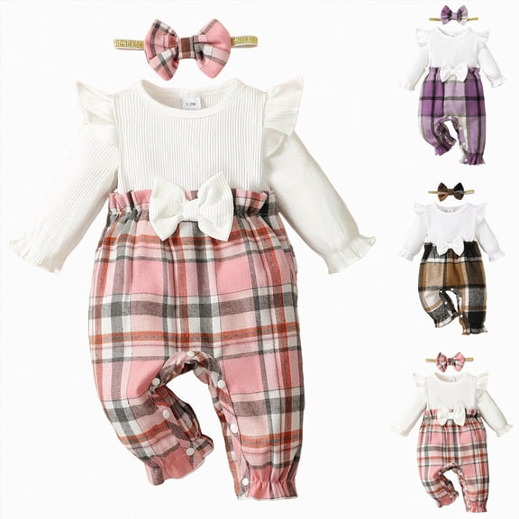 Nwiuh Baby Girl Clothes Fall Winter Outfits Ruffles Plaid Romper Long Sleeve Bodysuit One Piece Jumpsuit 0-18 Months (Pink, 12-18 Months)
