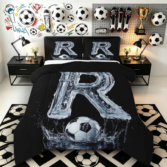 Castle Fairy Ice Letter R Soccer Splash Full Size Comforter Sets 3 Pieces for Adults,Sport Football Bedding Sets for Sports Lovers,Black Reversible