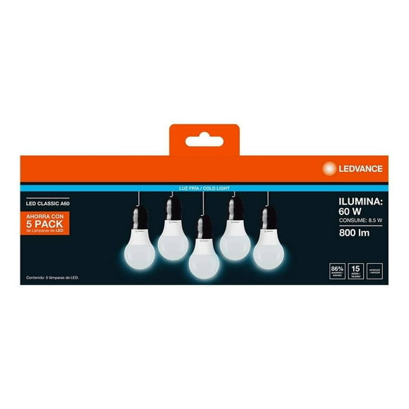 Paquete de Lámparas Ledvance 5pack de focos LED Eco A100 8.5w 865 G10 MK luz fría
