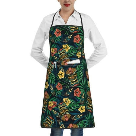 

Matuu Hawaiian Tribal Mask for Adjustable Cooking Aprons for Women with Pockets Kitchen Aprons for Men Water and Oil Resistant