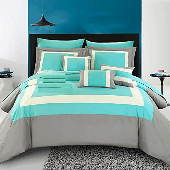 Chic Home Duke 10 Piece Comforter Set Complete Bed in a Bag Pieced Color Block Patterned Bedding with Sheet Set and Decorative Pillows Shams Included, King Turquoise