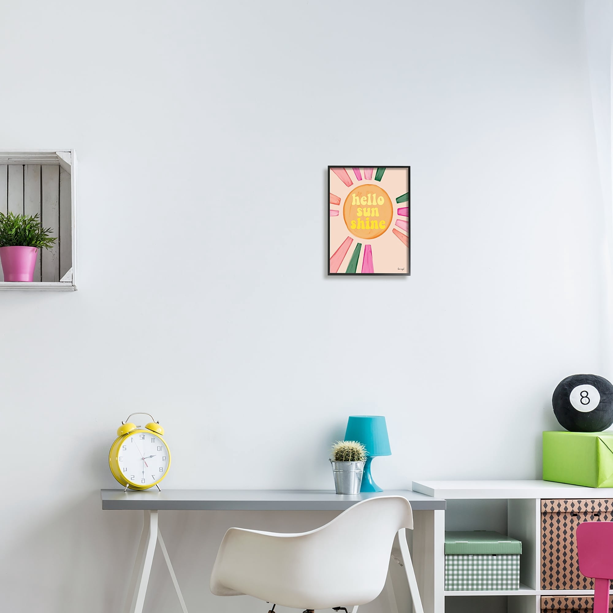 Stupell Industries Hello Sunshine Groovy Text Pink Green Sun Rays Graphic Art Black Framed Art Print Wall Art, Design by Ilene Segal