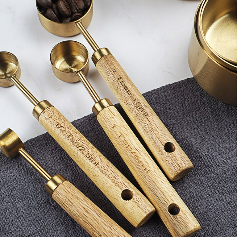 Measuring Spoons Set of 4, Wood Handle with Metric and US Measurements,  Premium Stainless Steel, Golden Polished Finish, Dry & Liquid Measuring  Cup