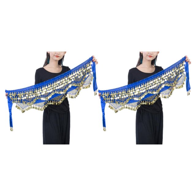 Sonducket Cadena de cintura para danza del vientre, portátil, tres filas, lentejuelas, borlas, monedas, cadera, bufanda, accesorios de Azul oscuro 2piezas