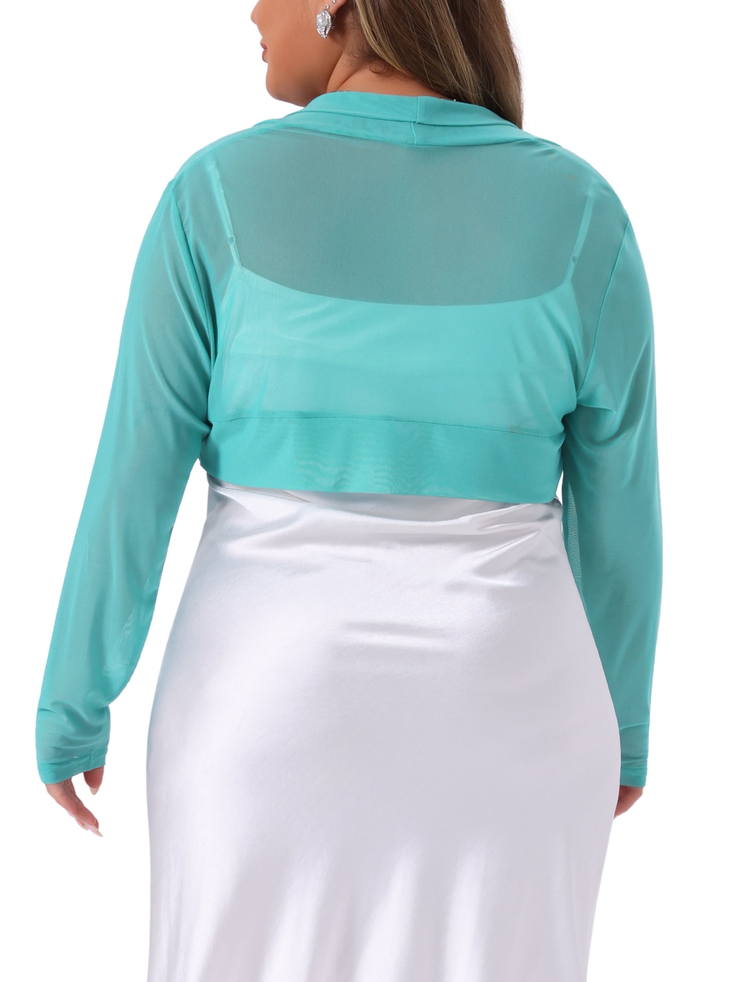 DARING DIVA Women's Plus Size Mesh Crop Long Sleeve Sheer Bolero Shrug Top 4X Cyan