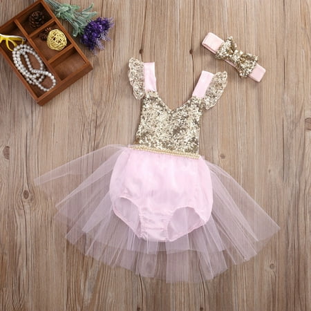 Sequins Newborn Baby Kids Girls Tulle Tutu Floral Dress Backless Party Dresses