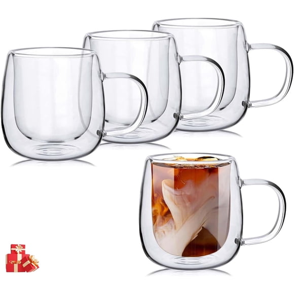 Juego de 4 Tazas Transparente para Café de Vidrio de Doble Pared - Tazas de Vidrio Fondo Aisladas con Asa - Perfectas para Café Expreso, Café con Leche y Capuchinos (8