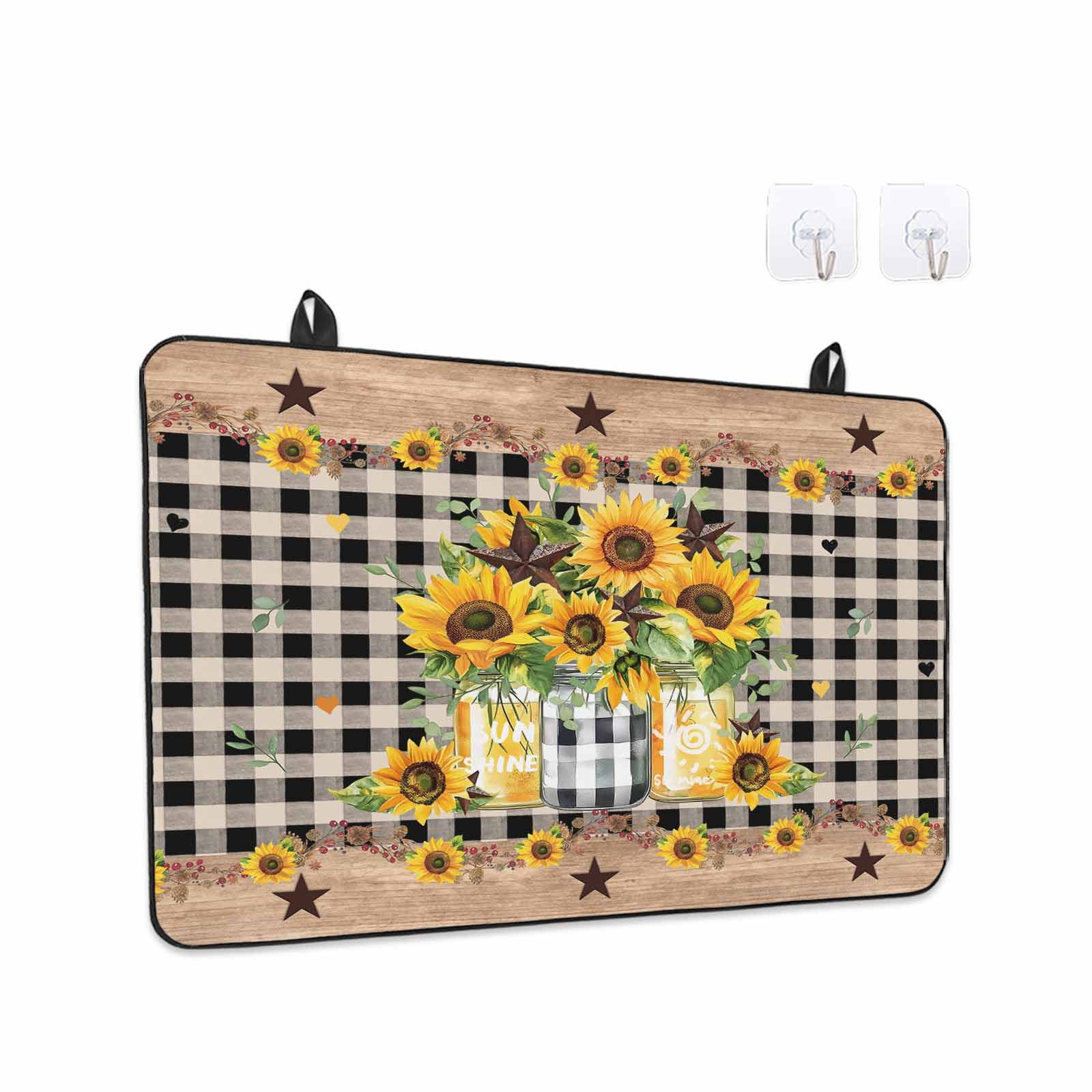 Sunflower Stove Top Cover for Electric Stove, Heat-proof & Non Slip Glass Top Stove Cover Protector, Black White Plaid Farmhouse Stars Kitchen Flat Cooktop Rubber Mat 24x21 Inches