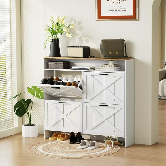 Vividwood Shoe Storage Cabinet with 4 Flip Drawers, Sturdy Anti-Tip Design Shoe Rack Cabinet for Hallway, Apartment (Grey)