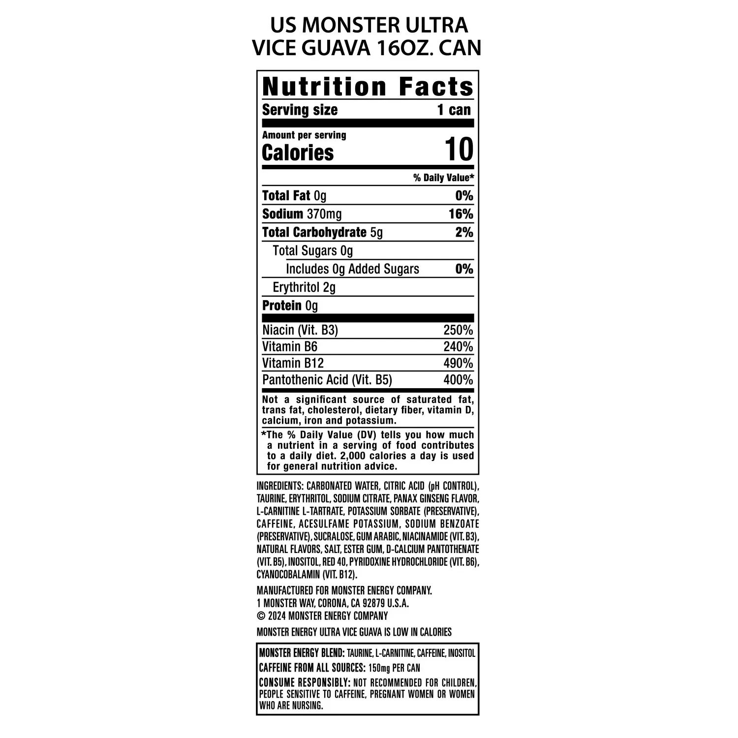 Monster Energy Ultra Vice Guava Energy Drink Sugar Free, Pack of 24, 16 Ounce