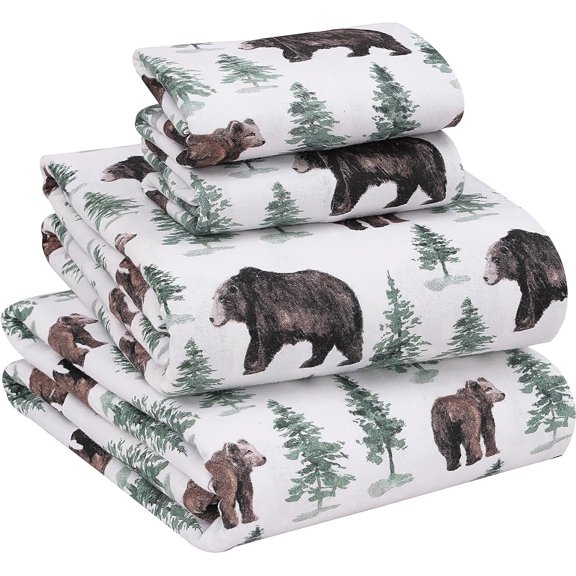 RUVANTI Flannel Sheets Full Size - 100% Cotton Double Brushed Bed Sheets Set, Deep Pockets 16 Inches, All Seasons Breathable & Extra Soft Full Sheets, Warm & Cozy, 4 Piece, Bear & Tree