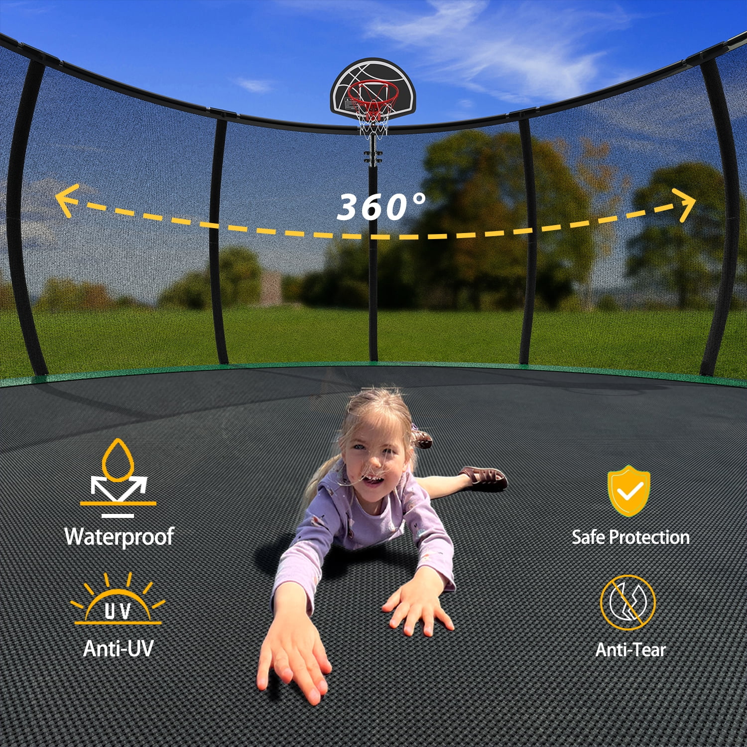 Leumius 16FT Trampoline with Enclosure Net,Outdoor Heavy Duty Pumpkin Trampolines with Curved Poles,Recreational Trampolines with Ladder and Basketball Hoop for Kids and Adults,Green