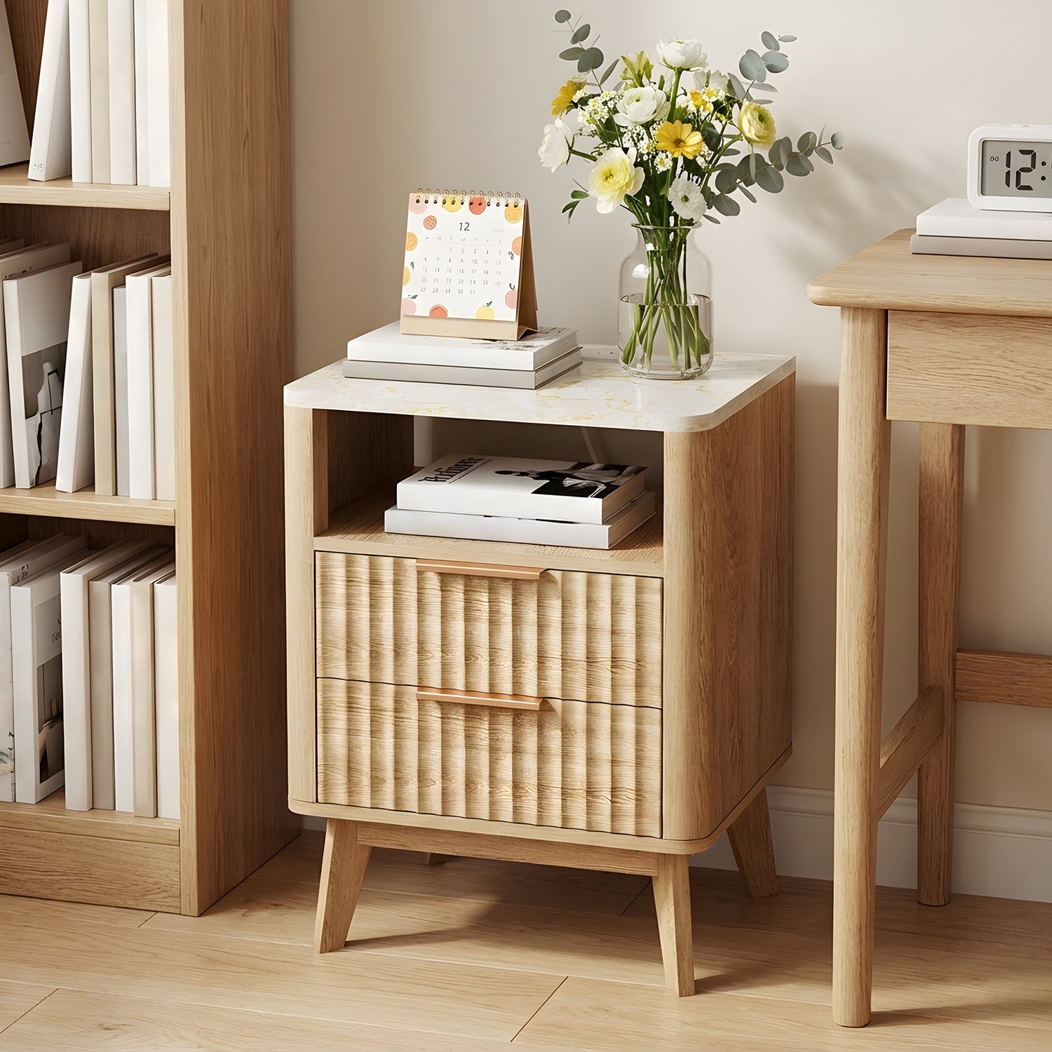 TOMNK Nightstand with Charging Station, 18" Modern Side Table with Faux Marble Top, 2 Drawers End Table w/Storage, Bedside Table for Bedroom, Living Room, Curved Profile Design, Natural Oak