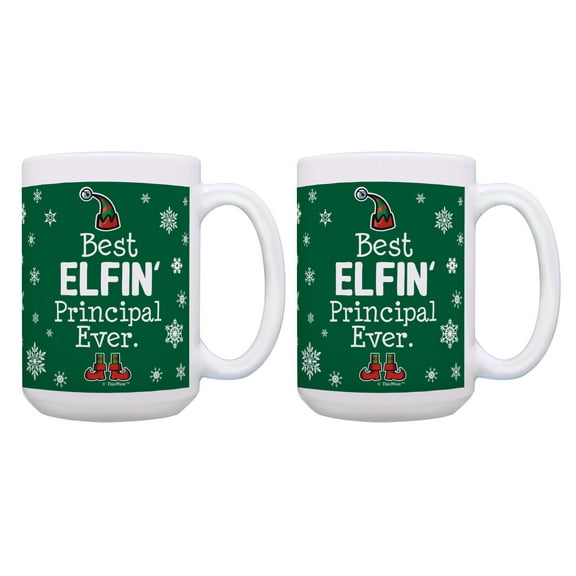ThisWear Principal Mugs Best Elfin Principal Ever Christmas Set 2 Pack Gift 15oz Coffee Mugs Green